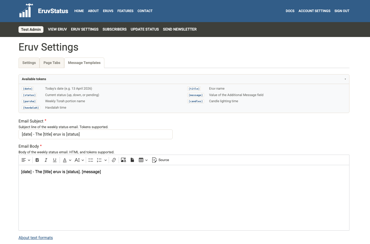 Eruv Settings Message Templates tab