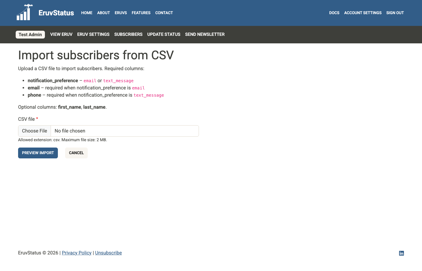 Import subscribers page